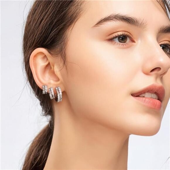 Silver Cubic Zirconia Huggie Hoop Earrings – Textured Stud & Sparkle Design - Picture 2 of 5